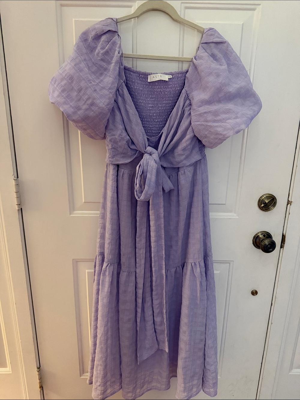Astr Lavender Puff Sleeve Tiered Midi Dress with Front Tie